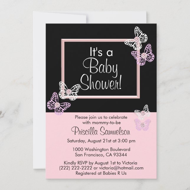 Custom Pink Butterfly Baby Shower Invitations Card (Front)