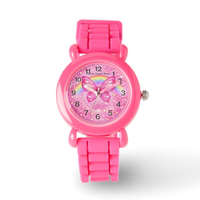 Custom Pink Butterfly Watch for Girls with Name (Front)