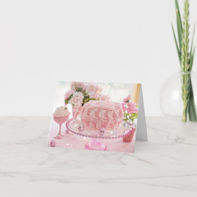 Custom Pink Cake and Flowers Greeting Card (Front)