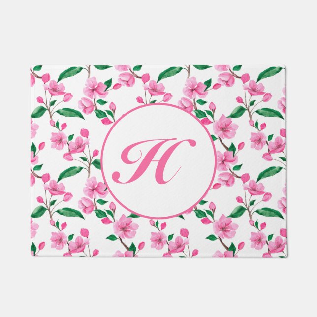 Custom Pink Cherry Blossom Floral Doormat (Front)