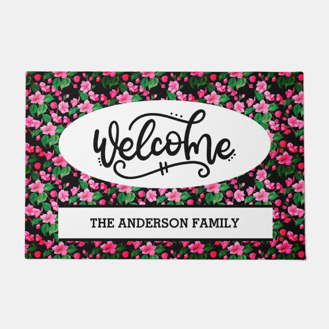 Custom Pink Cherry Blossom Floral Welcome Doormat (Front)