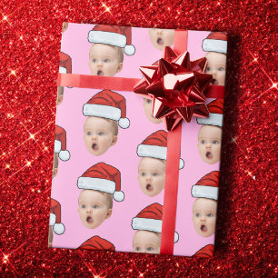 Custom Pink Christmas Face Photo Santa Hat  Wrapping Paper
