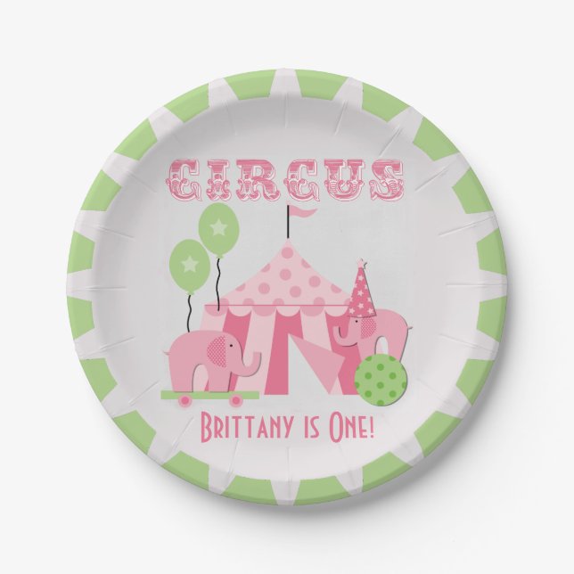 Custom Pink Circus Birthday Paper Plates (Front)