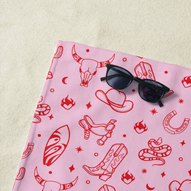 Custom Pink Coastal Cowgirl Bachelorette Party Beach Towel (In Situ)
