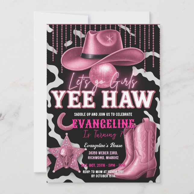 Custom Pink Cowgirl Birthday Invitation (Front)