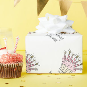 Custom pink cupcake with Birthday candles drawing Wrapping Paper