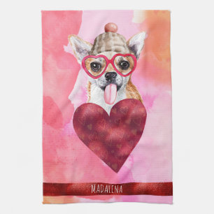 Custom Pink Dog Lover Valentine Gift Chihuahua Kitchen Towel