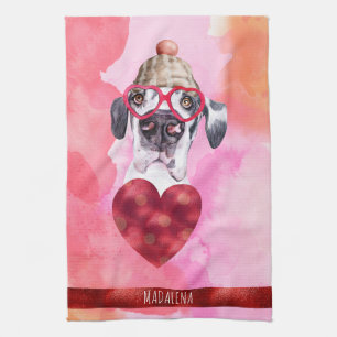 Custom Pink Dog Lover Valentine Gift Great Dane Kitchen Towel