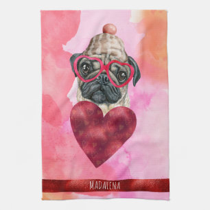 Custom Pink Dog Lover Valentine Gift Pug Kitchen Towel