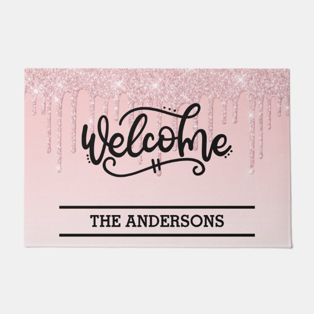 Custom Pink Dripping Glitter Welcome Doormat (Front)