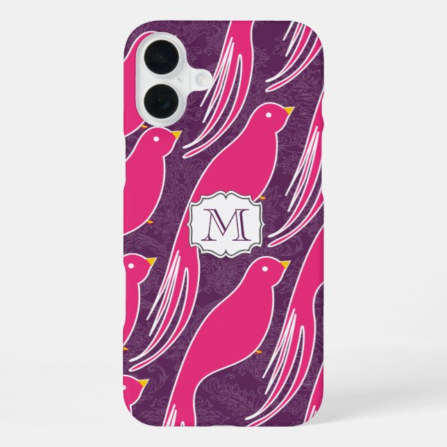 Custom Pink Eggplant Damask Love Bird Pattern iPhone Case (Back)
