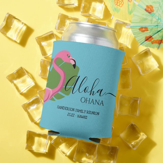 Custom Pink Flamingo Aloha Ohana family reunion Can Cooler (In Situ Summer)