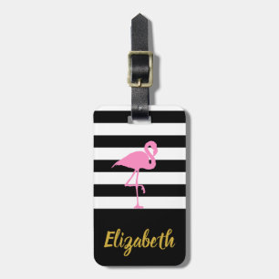Custom Pink Flamingo on Black and White Stripes Luggage Tag