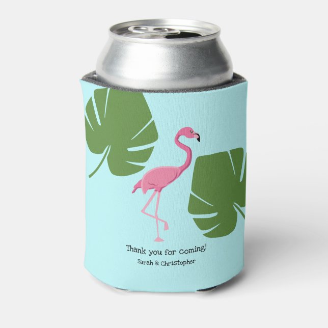 Custom Pink Flamingo Tropical Destination Wedding Can Cooler (Can Back)