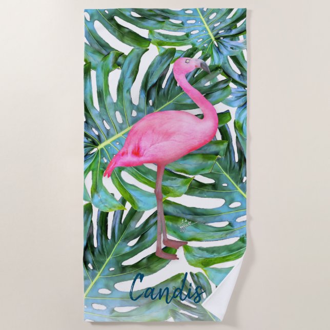 Custom Pink Flamingo Tropical Leaves Modern Beach Towel (Front)