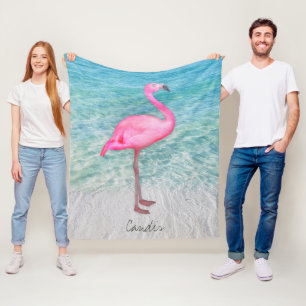 Custom Pink Flamingo Tropical Sandy Beach Modern Fleece Blanket
