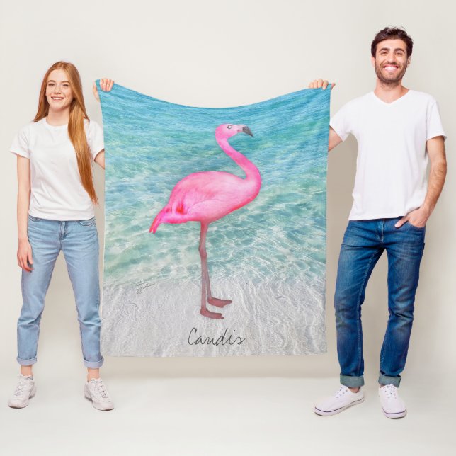 Custom Pink Flamingo Tropical Sandy Beach Modern Fleece Blanket (In Situ)