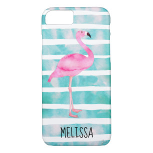 Custom Pink Flamingo Turquoise Blue Stripes Case-Mate iPhone Case