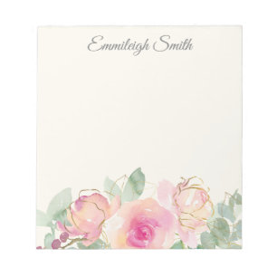 Custom Pink Floral Greenery Elegant Script Notepad