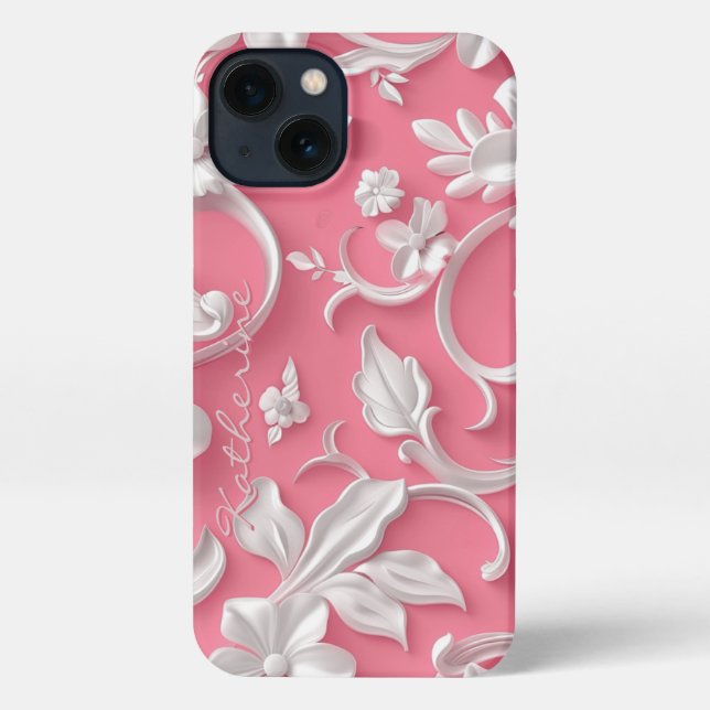 Custom Pink Floral iPhone Case| Cute| Pink & White Case (Back)