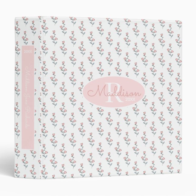 Custom Pink Floral Pattern Pretty Name Year Binder (Front/Spine)