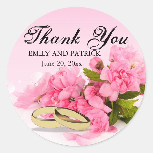 Custom Pink Floral Thank You Wedding Sticker (Front)