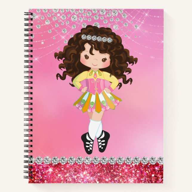 Custom Pink Glam Irish Dance Brunette Girl Notebook (Front)