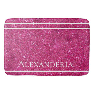 Custom Pink Glitter and White Stripes Modern artsy Bath Mat