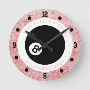 Custom Pink Glitter Girls Billiards Pool Player Round Clock