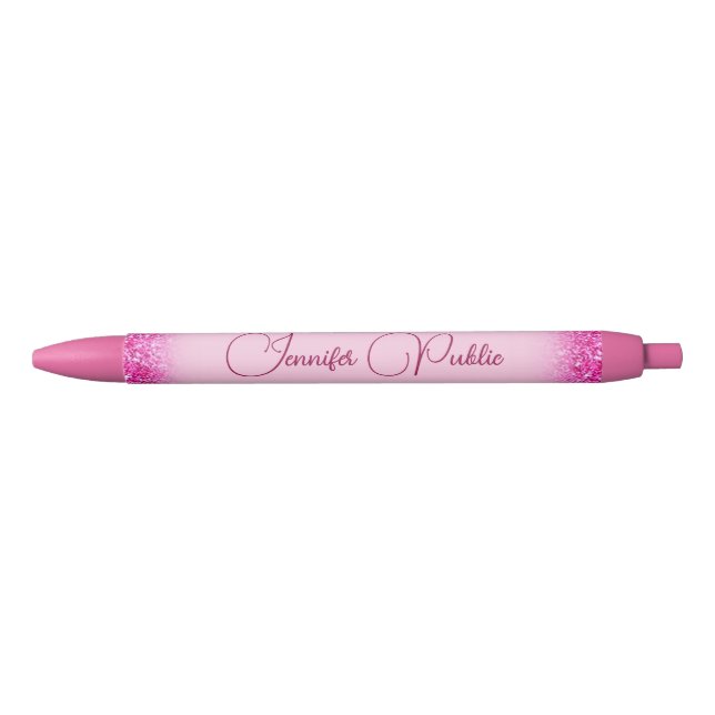 Custom Pink Glitter Look Shiny Name Template Black Ink Pen (Front)