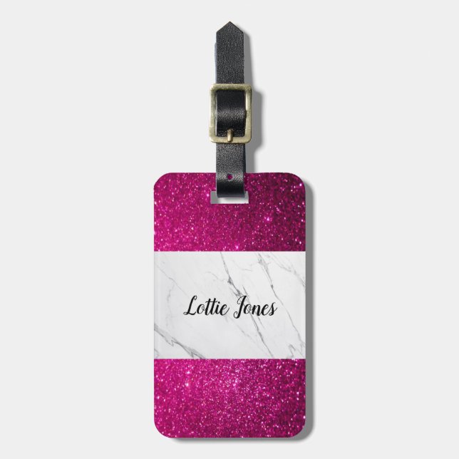 Custom Pink Glitter white marble Print luggage tag (Front Vertical)