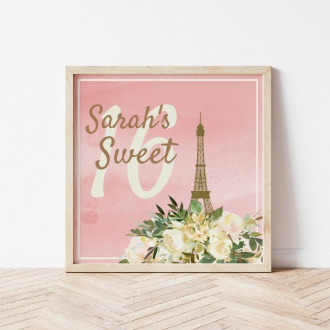 Custom Pink Gold Eiffel Tower Sweet 16 Birthday Poster (Pink Eiffel Tower Sweet 16 poster)