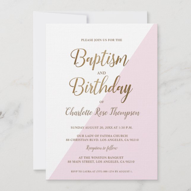 Custom Pink Gold Joint Baptism and Birthday  Invitation (Front)