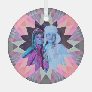 Custom Pink Gray Christmas Star Family Photo Gift Glass Ornament