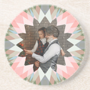 Custom Pink Gray Modern Christmas Star Photo Gift Coaster