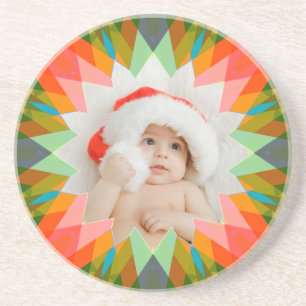 Custom Pink Green Christmas Star Family Photo Gift Coaster