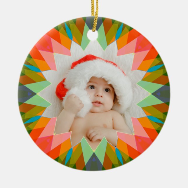 Custom Pink Green Christmas Star Photo Gift Tree Ceramic Ornament (Front)