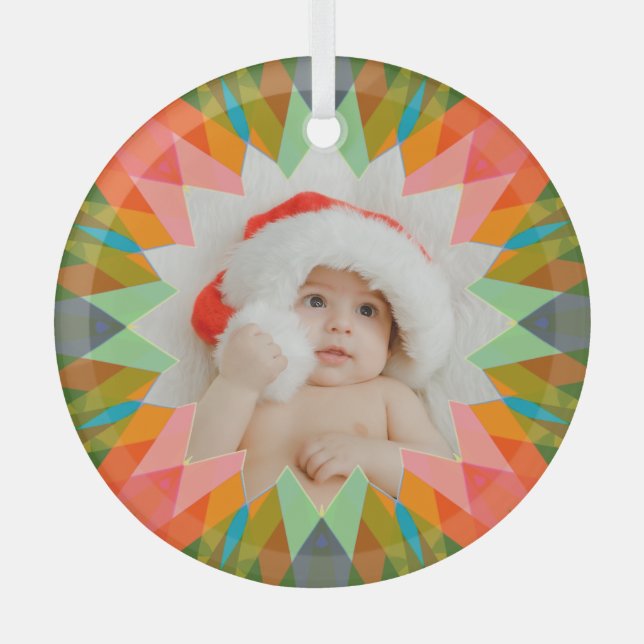 Custom Pink Green Christmas Star Photo Gift Tree Glass Ornament (Front)