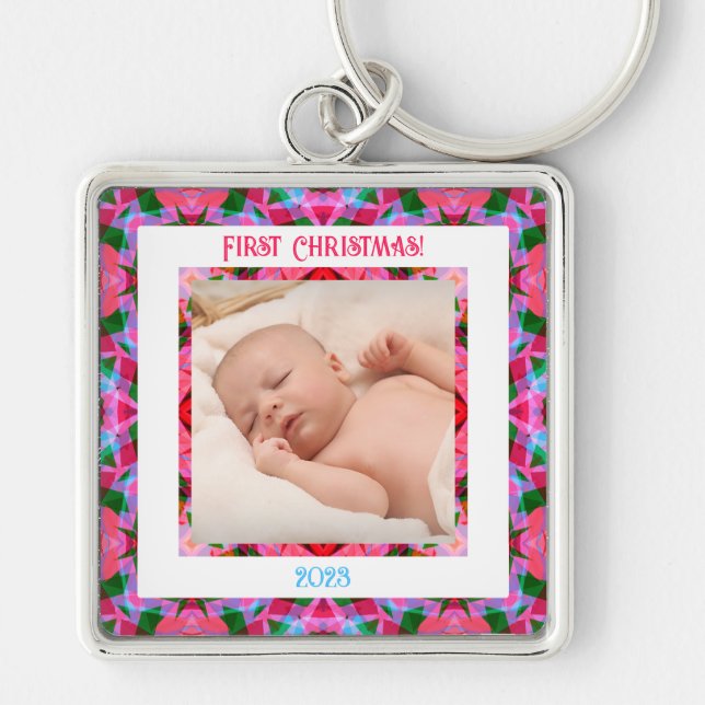 Custom Pink Green Jolly Festive Christmas Photo  Keychain (Front)