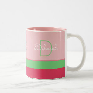 custom pink & green monogram with stripes Two-Tone coffee mug