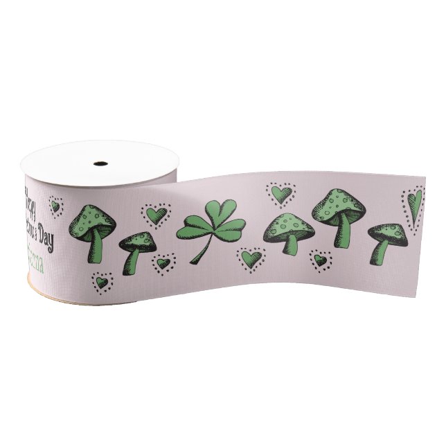 Custom Pink & Green Shamrock Heart & Mushroom 3" Grosgrain Ribbon (Spool)
