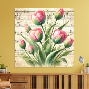 Custom Pink & Green Vintage Tulips Sheet Music Canvas Print