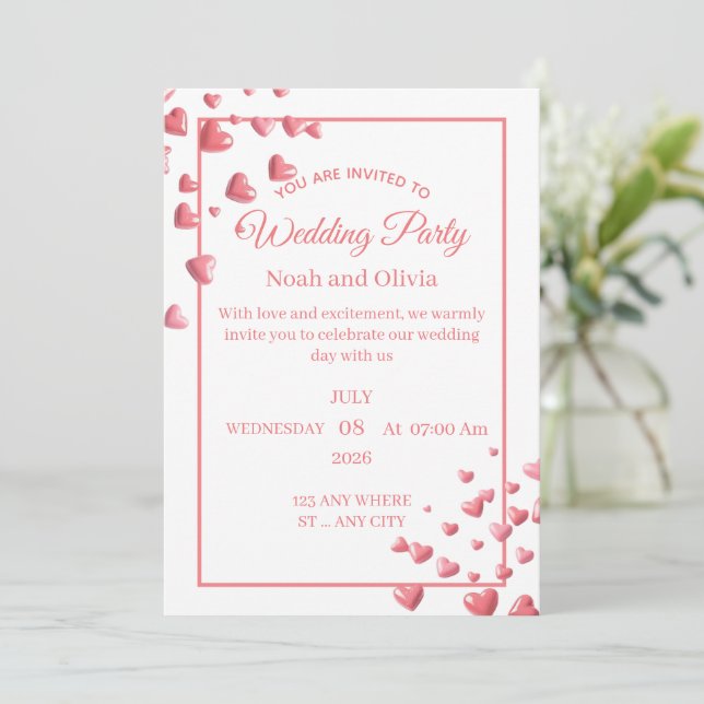 Custom Pink Heart Wedding Invitation Card (Standing Front)