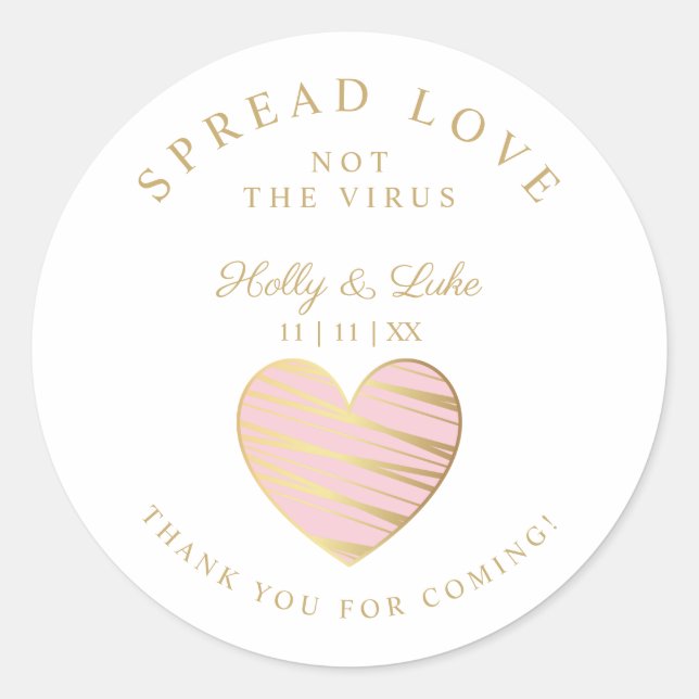 Custom Pink Heart Wedding Sanitizer Hands Gel Classic Round Sticker (Front)