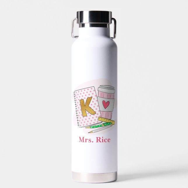 Custom Pink Kindergarten Teacher Appreciation Water Bottle (Front)