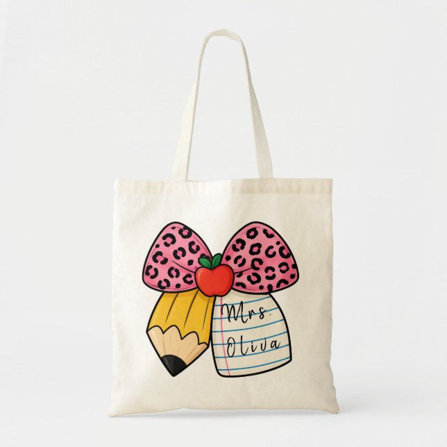 Custom Pink Leopard Bow Teacher Appreciation Gift Tote Bag (Front)