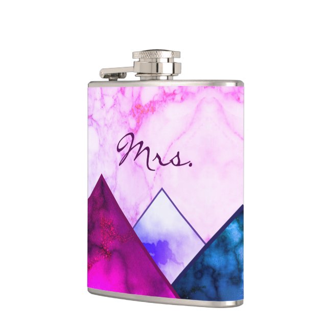 Custom Pink Marble Mountains Colour Block Mrs Hip Flask (Left)
