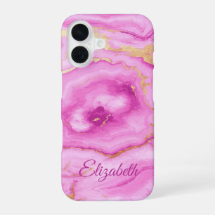 Custom Pink Marble with Dark Pink & Gold Accents iPhone 16 Case