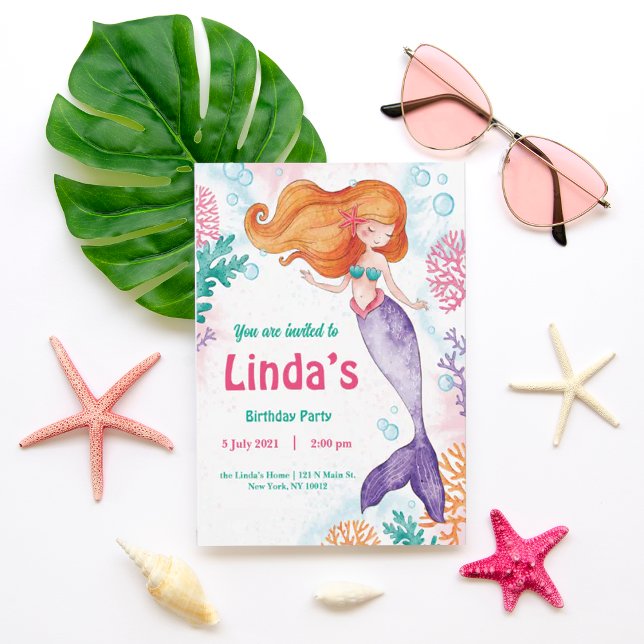 Custom pink mermaid Party Birthday Invitation (RAZACLO STORE )