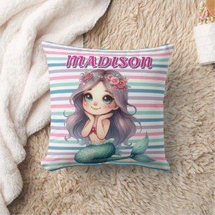 Custom Pink Mermaid striped pattern Throw Pillow